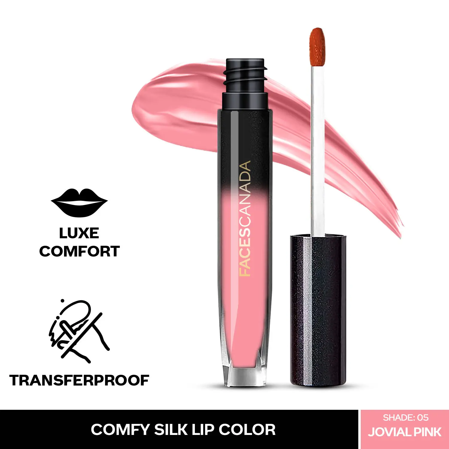 Faces Canada Comfy Silk Lip Color I Satin Matte HD Finish Liquid Lipstick I Mulberry Oil I Luxe Comfort I Longlasting I No Dryness | Alcohol, Paraben & Cruelty Free - Jovial Pink 05 | 3 ml