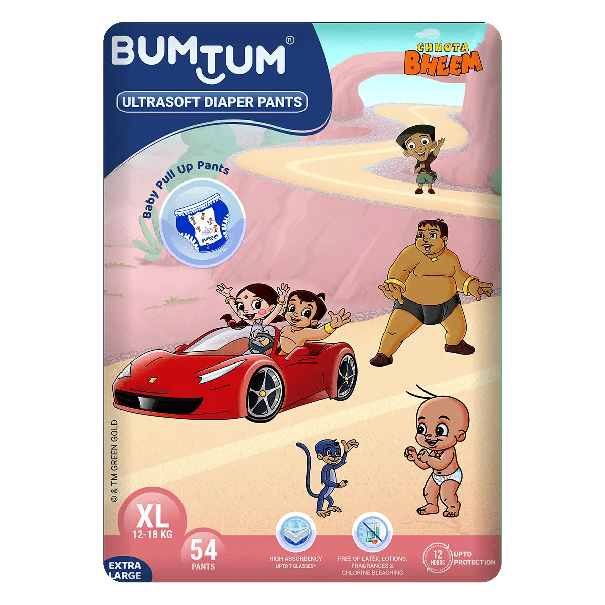 Bumtum Chota Bheem Baby Diaper Pants with Leakage Protection -12 to 18 Kg (XL, 54 Count, Pack of 1)