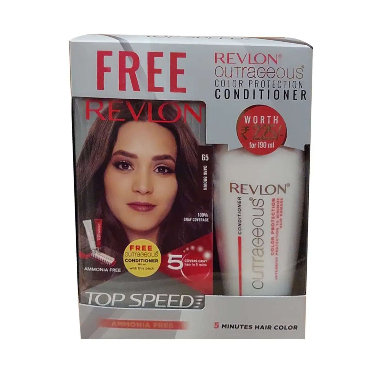 Revlon Top Speed Hair Color For Woman - Dark Brown 65 (with Outrageous Conditioner 190 ml)