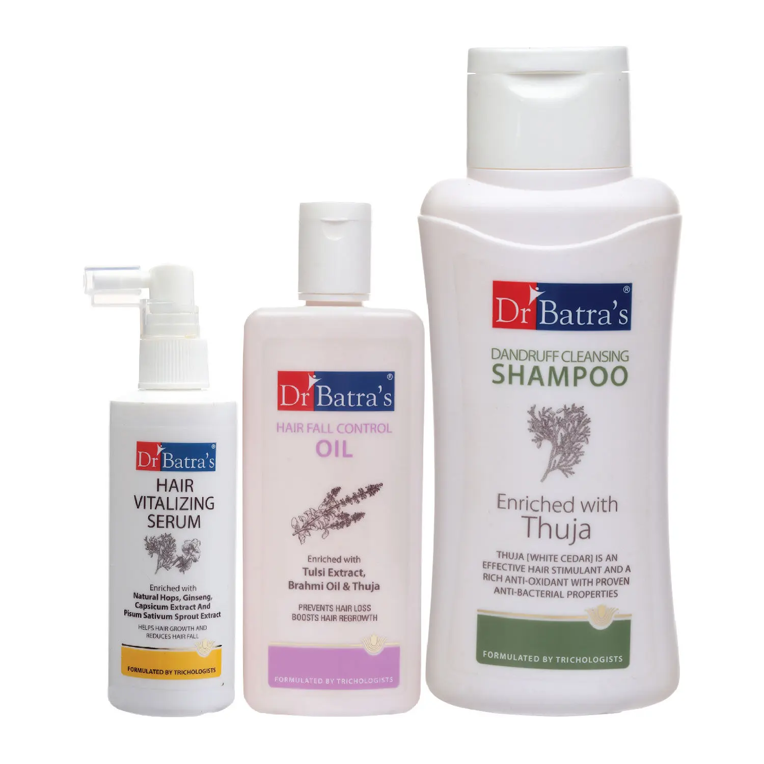 Dr Batra's Hair Vitalizing Serum 125 ml, Dandruff Cleansing Shampoo - 500 ml and Hair Fall Control Oil- 200 ml         