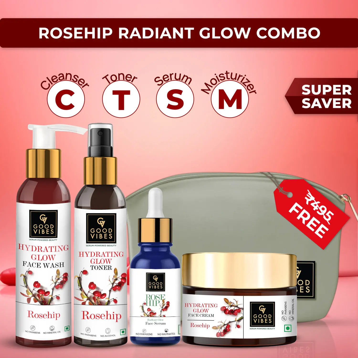 Good Vibes Rosehip Range CTMS Combo(Face Wash 120 ml + Toner 120 ml + Face Serum 10 ml + Face Cream 50 g)