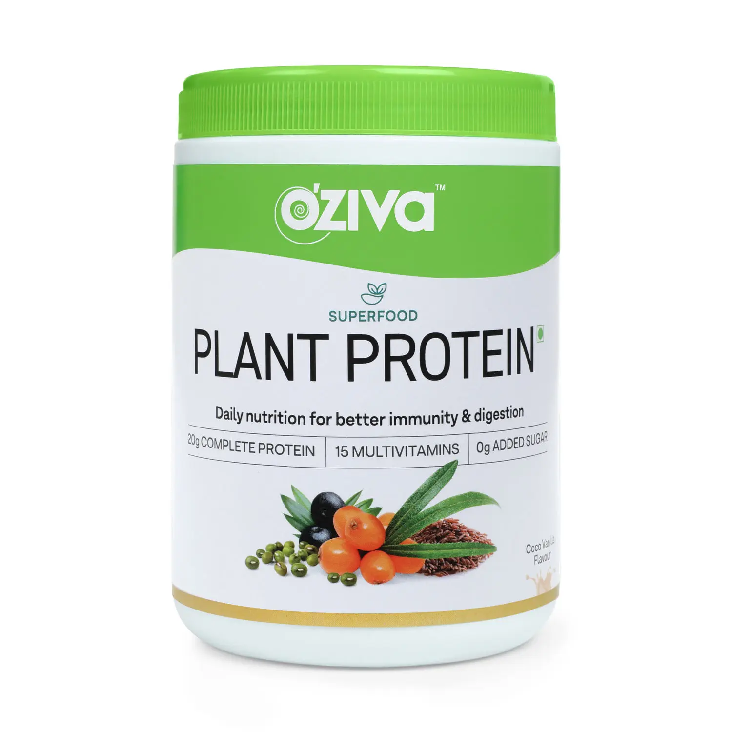 OZiva Superfood Plant Protein (20g of Complete Protein Powder with Essential Vitamins & Minerals) for Boosting Immunity, Energy & Better Digestion, Coco Vanilla, 250g