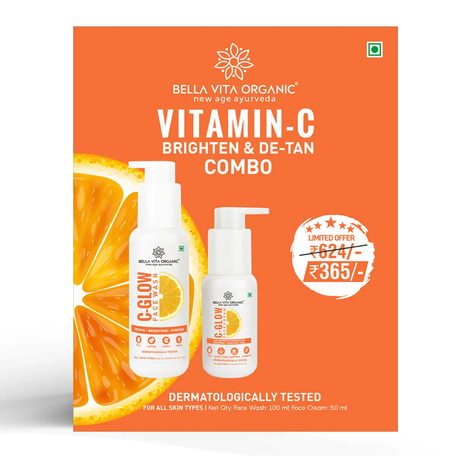 Bella Vita Organic Vitamin C Skincare Duo with Face Wash and Face Cream for Glowing Skin & Even Skin Tone