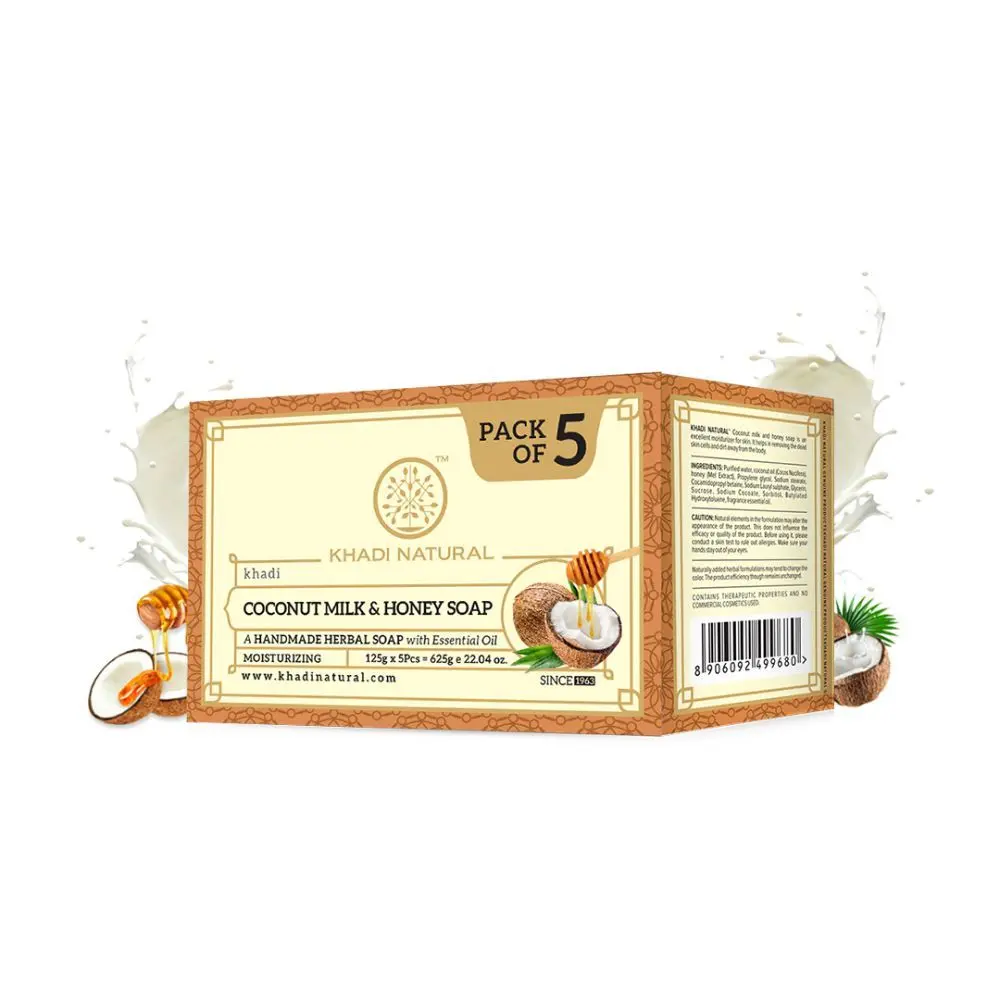 Khadi Natural Coconut Milk & Honey Handmade Soap| Reduce stretch marks & Acne (Pack of 5) - 625 g