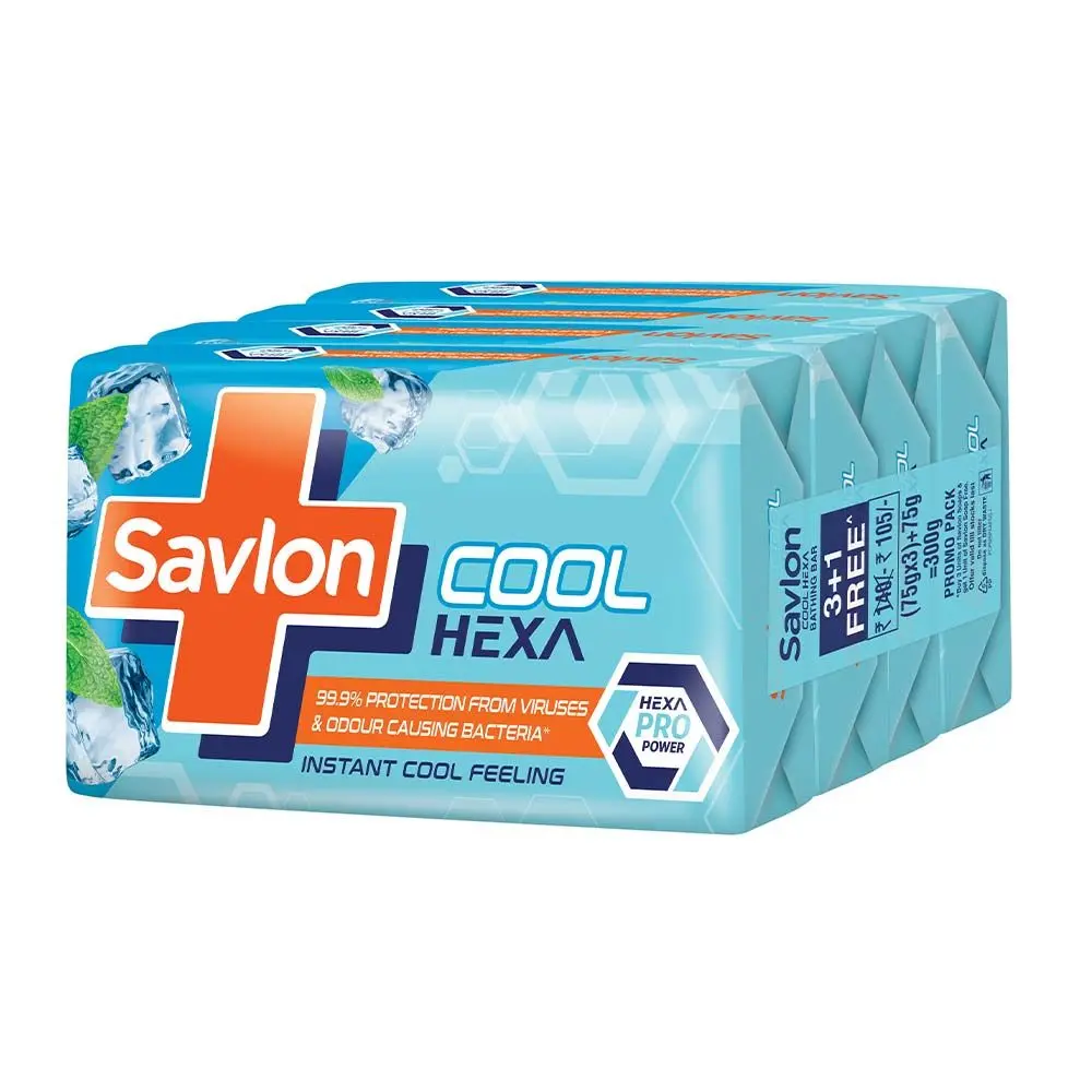 Savlon Cool Hexa Bathing Soap Bar with Instant Cool Feeling, Buy 3 Get 1-75g each