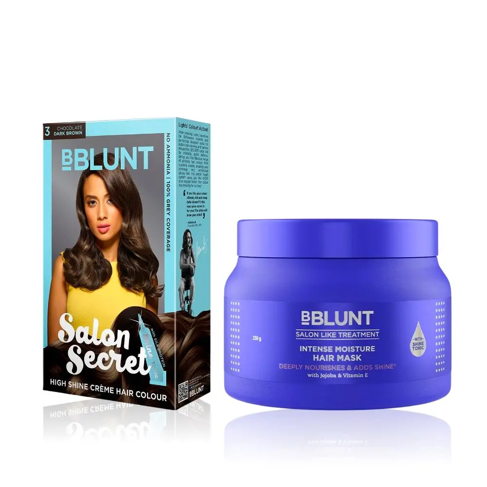 BBLUNT Salon Secret High Shine Creme Hair Colour - Chocolate Dark Brown 3. No Ammonia  ( 100 g+8ml)+BBLUNT Intense Shine Conditioner with Rice & Silk Protein for Softer Smoother & Shinier Hair-250gm