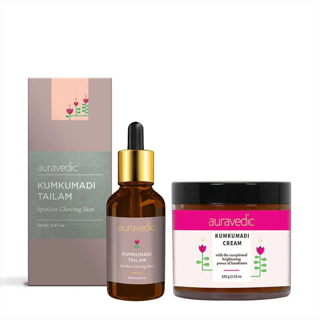 Auravedic Kumkumadi Glow Boosters (Combo - 30Ml Face Oil & 100 Gm Face Cream) Kumkumadi Tailam For Face. Kumkumadi Face Cream With Kumkumadi Face Oil For Glowing Skin.