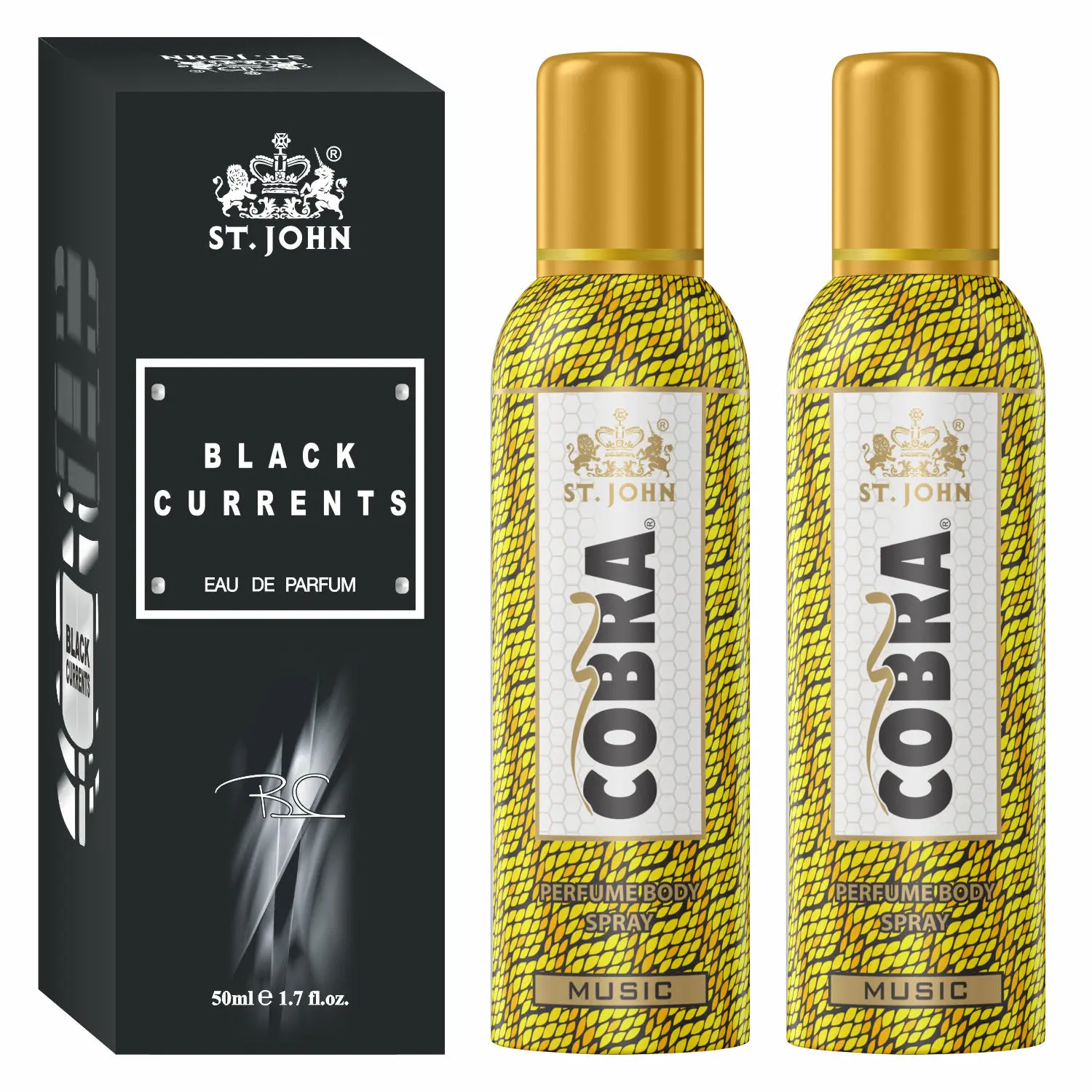 ST-JOHN Cobra Deodrant No Gas Music Pack of 2 100ml each & Black Current 50ml Combo Perfume Body Spray - For Men & Women (250 ml, Pack of 3)