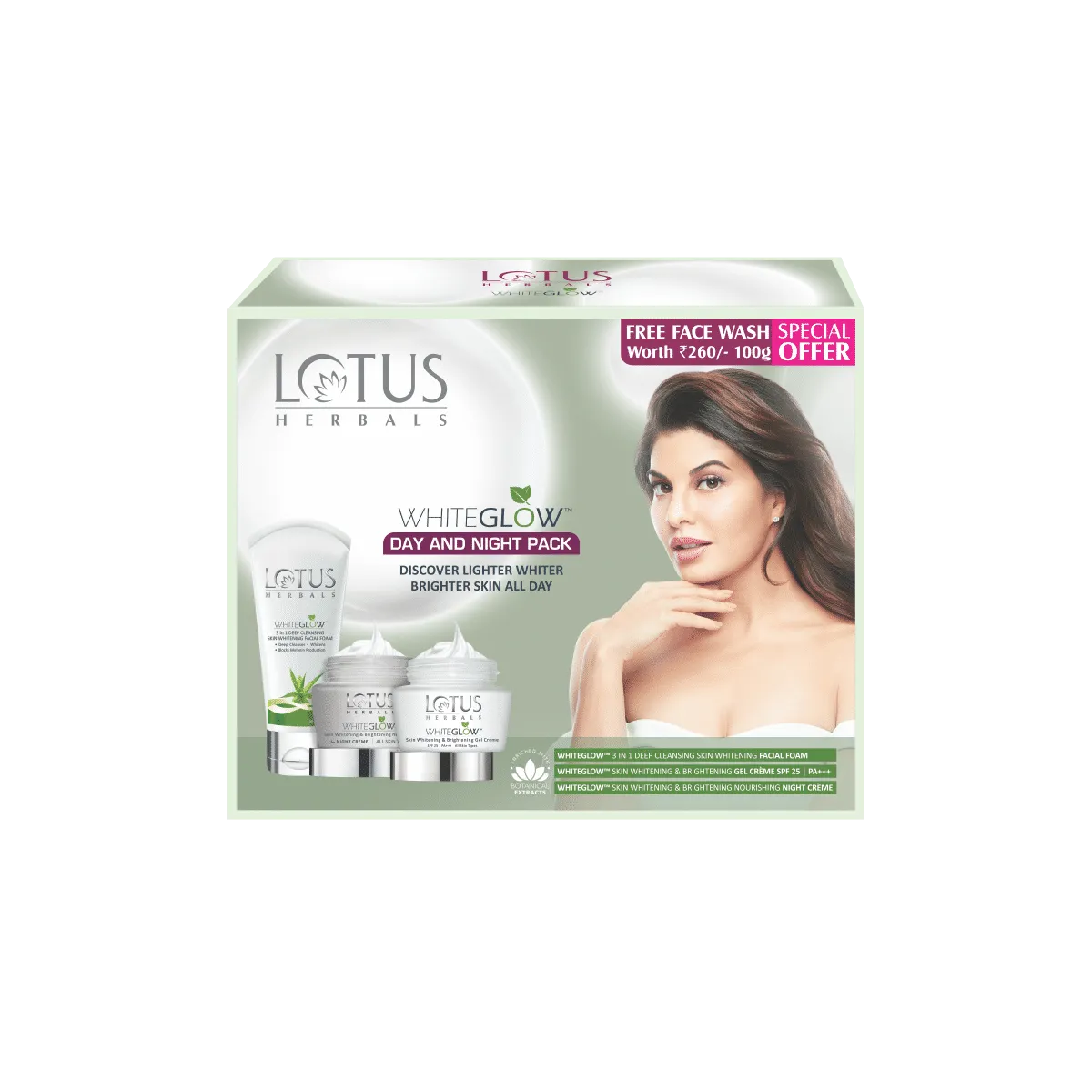 Lotus Herbals WhiteGlow Day & Night Pack With WhiteGlow 3-in-1 Skin Whitening Free Face Wash Worth Rs.260