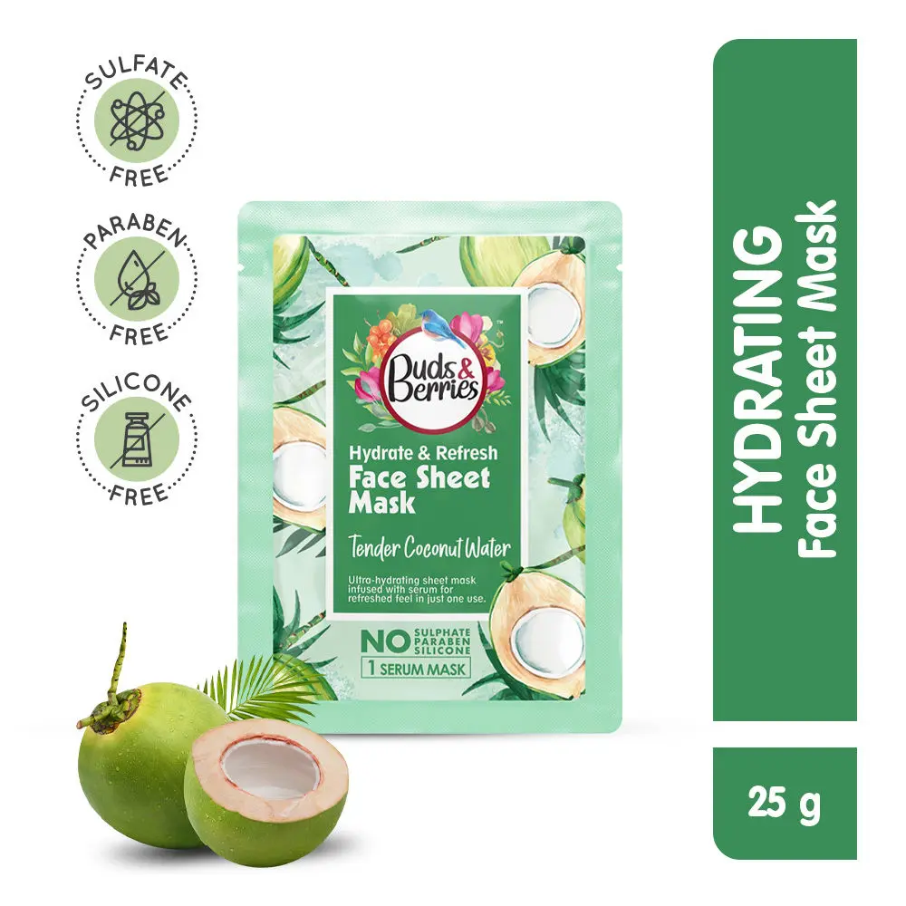 Buds & Berries Hydrate & Refresh Sheet Mask, Tender Coconut Water| NO Paraben, NO Silicone, - 25 g