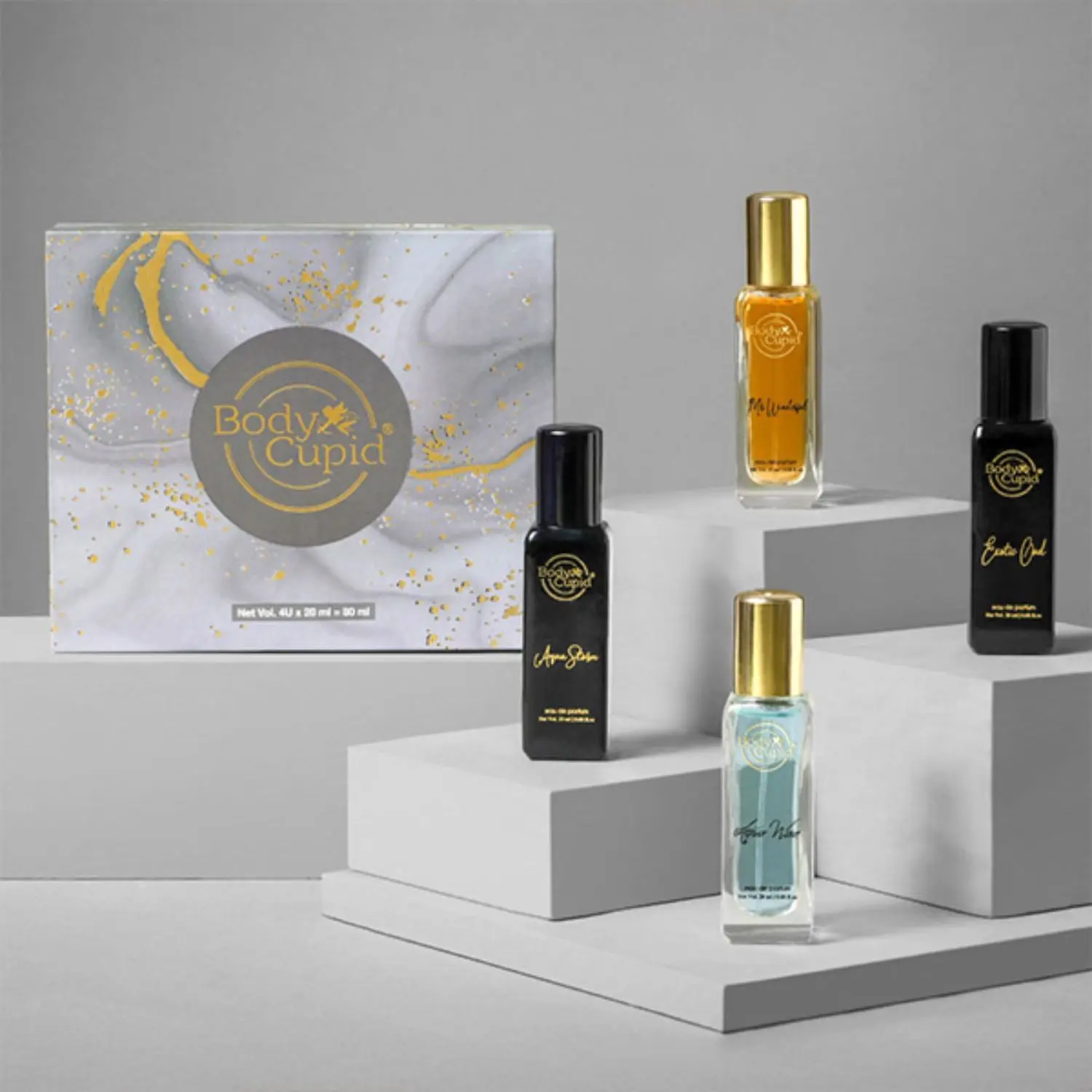 Body Cupid Luxury Perfume Gift Set 4x20 ML For Men | Luxury Scent with Long Lasting Fragrance | Eau De Parfum | Valentine Day Gift for Him | Aqua Wave | Exotic Oud | Mr Wonderful | Aqua Storm | 80 ML