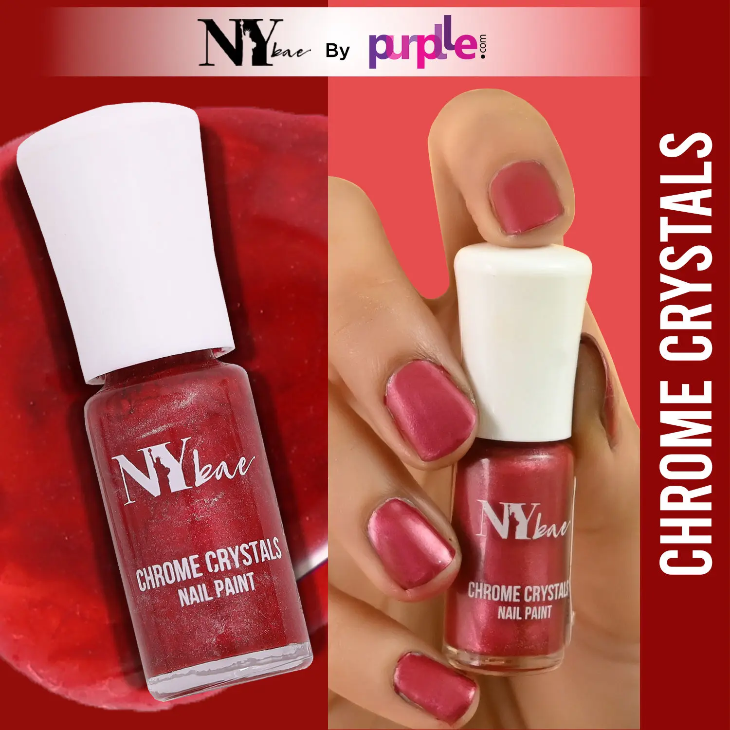 NY Bae Chrome Crystals Nail Paint - Red Ruby 11 (3 ml) | Red | Glossy Finish | Rich Pigment | Chip-proof | Full Coverage | Vegan