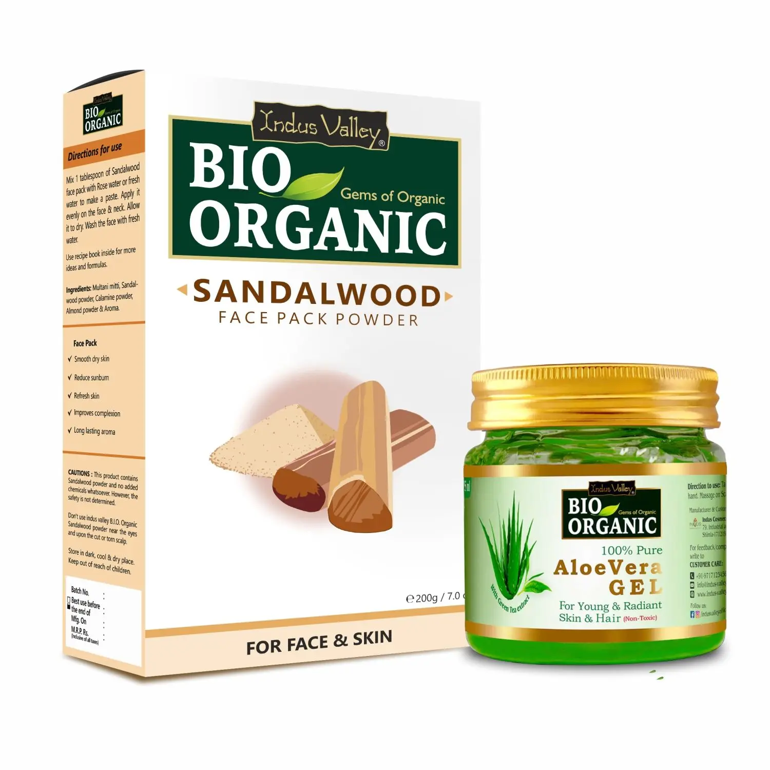 Indus Valley Bio Organic Aloe vera Gel and Sandalwood Face Pack Powder combo for skin and face care (175ml +200g)