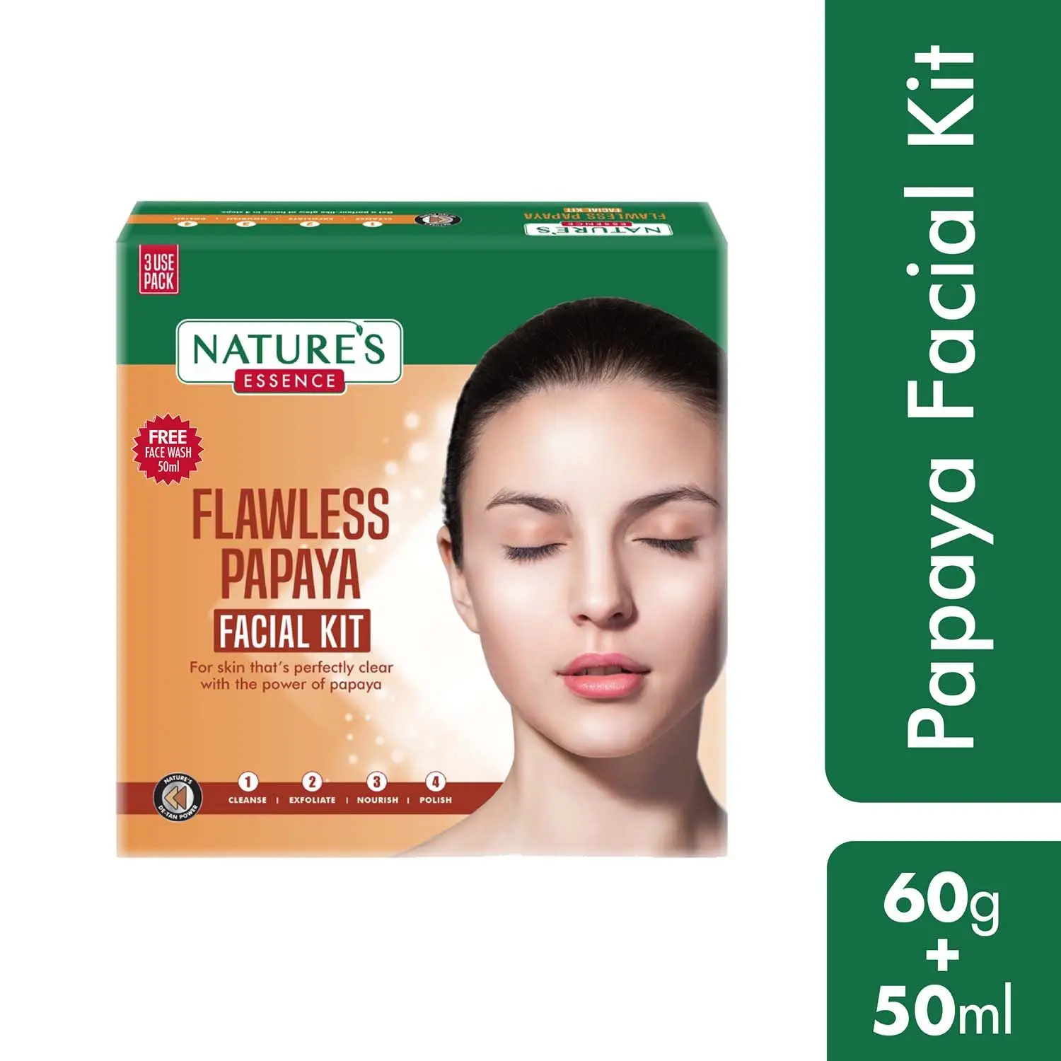 Nature's Essence Flawless Papaya Facial Kit With Free Facewash, 60g+50ml