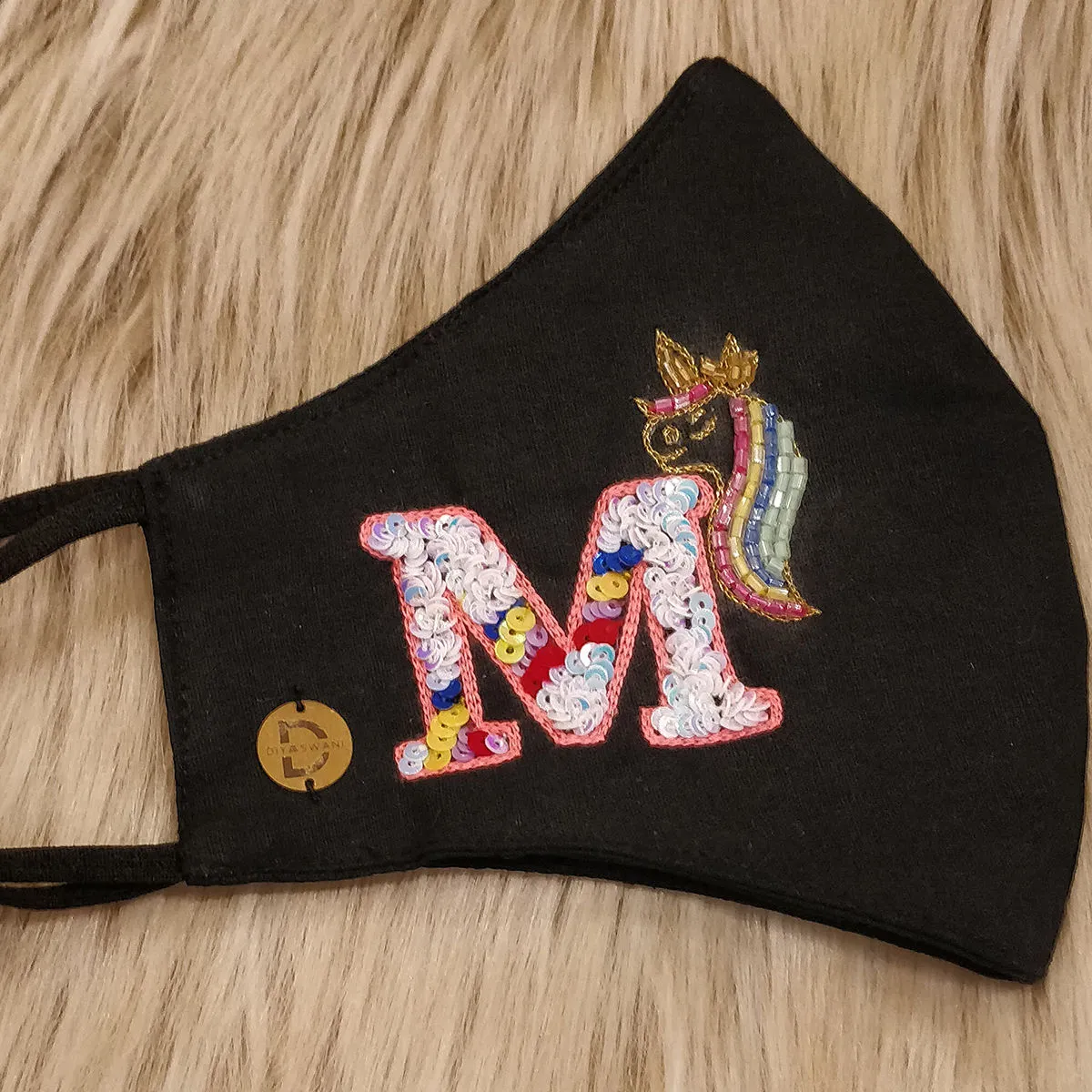 Diya Aswani Black Unicorn Themed Mask Letter M