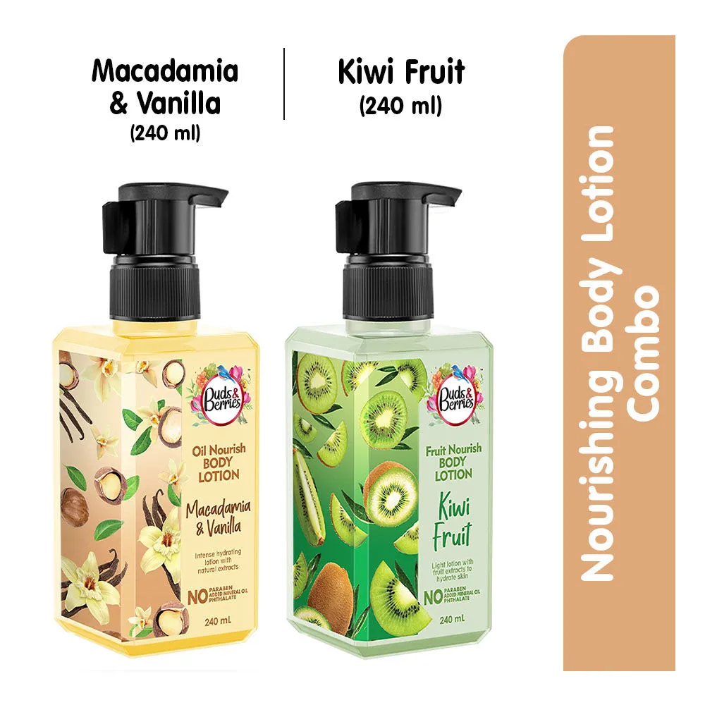 Buds & Berries Combo Macadamia and Vanilla Body Lotion + Kiwi Fruit Body Lotion (Pack of 2)