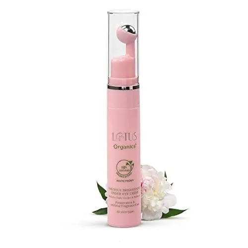 Lotus Organics+ Precious Brightening Under Eye Cream | With Cooling Massage Roller | Reduces Puffiness & Dark Circles | Preservative Free | 15g