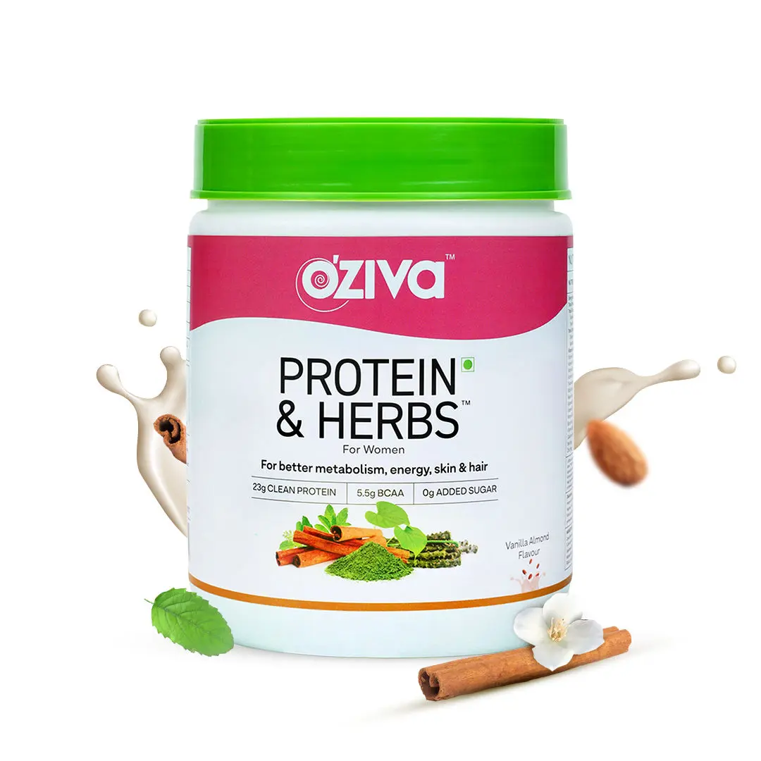 OZiva Protein & Herbs, Women, (Natural Protein Powder with Ayurvedic Herbs like Shatavari, Curcumin & Multivitamins) for Better Metabolism, Skin & Hair, Vanilla Almond, 500g