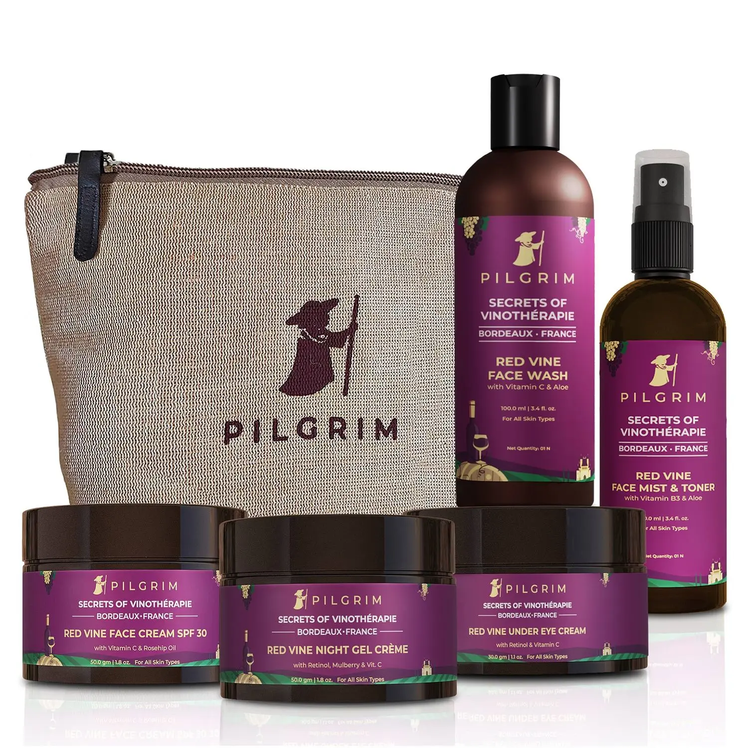 Pilgrim Vino Must-Have Skincare Combo | Nourish & Repair | Red Vine Extract Face Wash 100ml, Face Mist & Toner 100ml,Day Cream SPF 30 50g Night Cream 50gm,Under Eye Cream 30gm | Men & Women