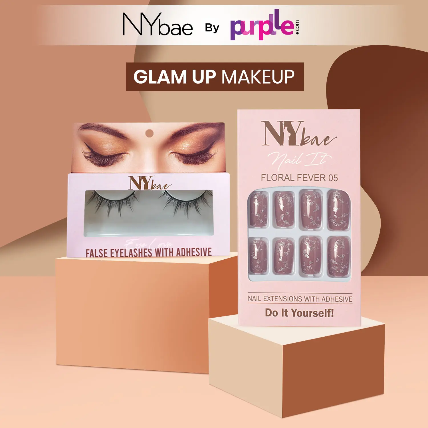 NY Bae Glam Kit | 24 Nail Extensions Set | False Eyelashes | Comfort Wear | Easy Application | Party Ready Combo