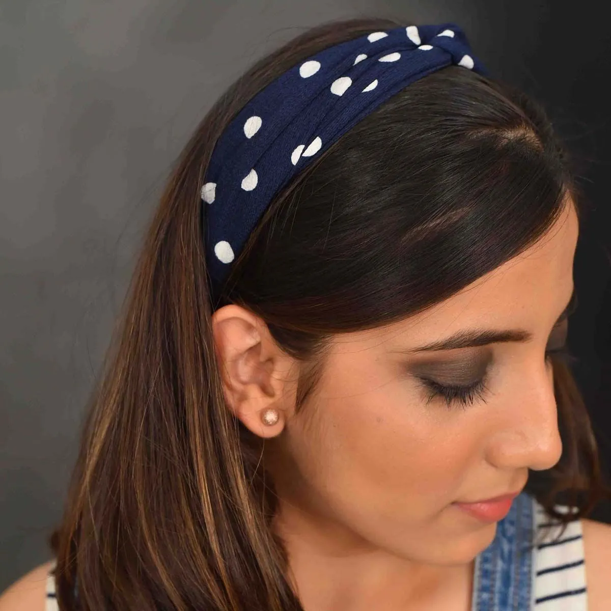 YoungWildFree Blue And White Dotted Elastic Knot Wrap Hair Band - Cute Simple Daywear For Women