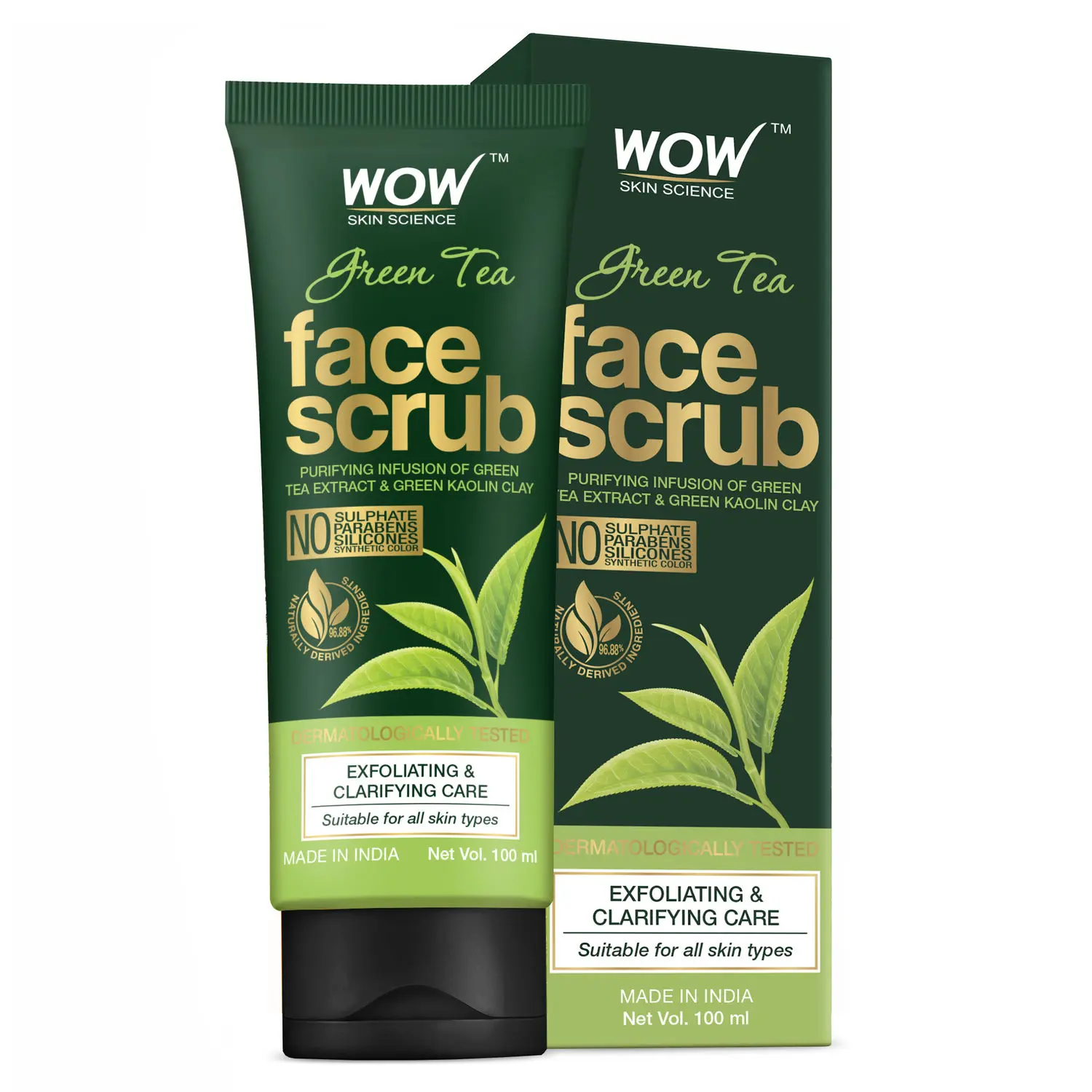 WOW Skin Science Green Tea Face Scrub - with Green Tea Extract & Green Kaolin Clay - for Exfoliating & Clarifying Skin - No Sulphate, Parabens, Silicones & Synthetic Color (100 ml)