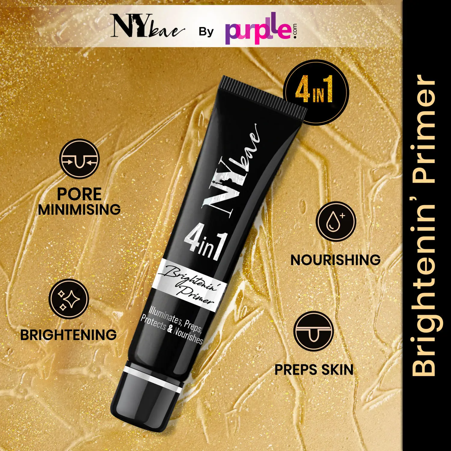 NY Bae Brightenin' Primer | 4 in 1 | Base Highlighting | Gold Shimmer - Korean Skin | Vitamin E | Moisturizing | Minimizes Pores | Long Lasting Makeup | 15 g