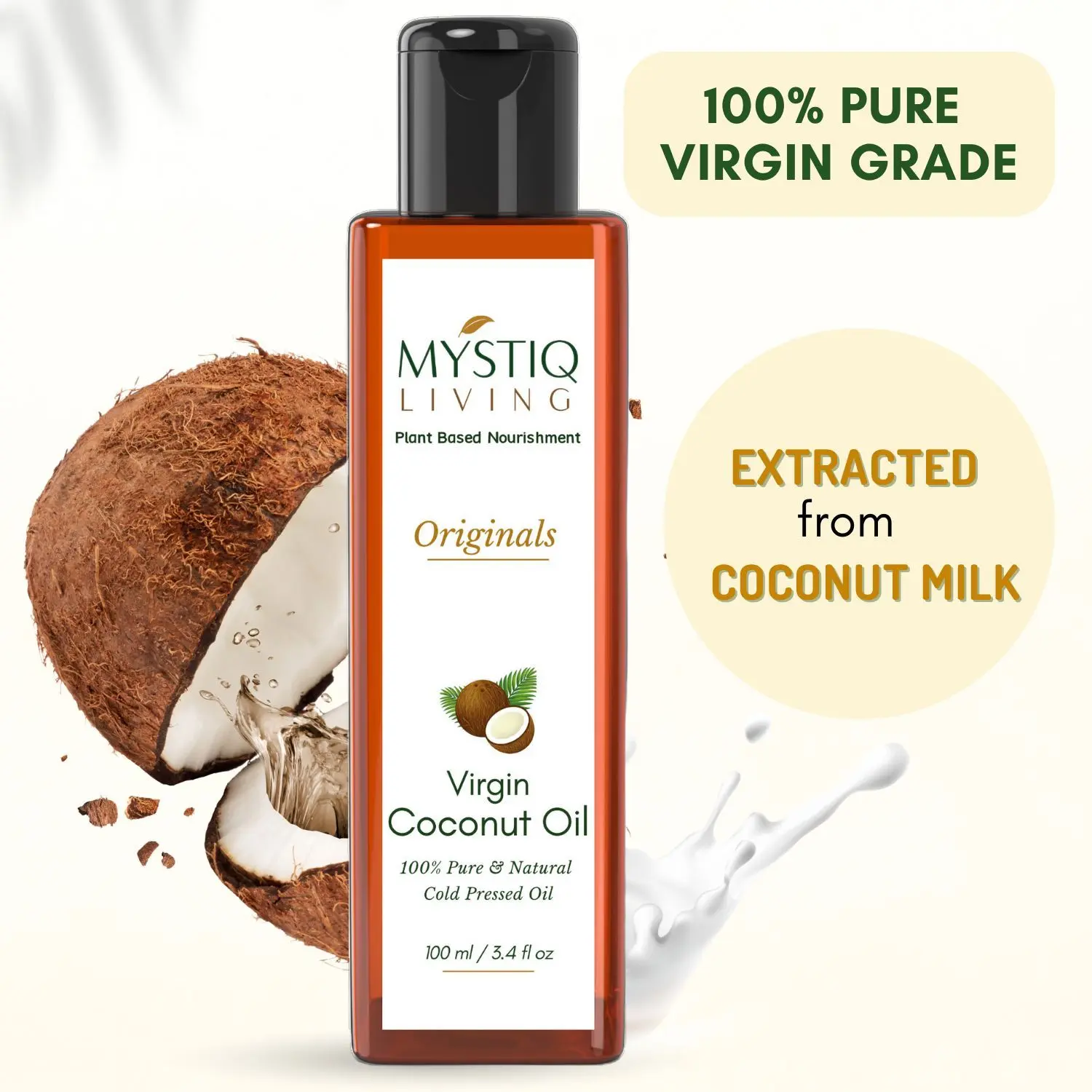 Mystiq Living Originals - Virgin Coconut Oil (From Coconut Milk)|For Hair, Skin & Baby Massage | Cold Pressed, 100% Pure & Natural - 100 ML