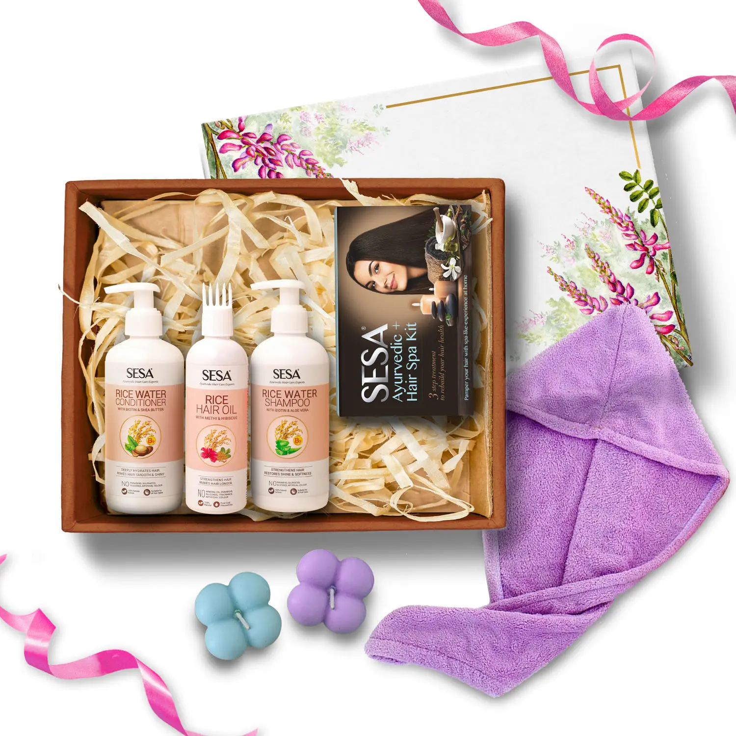 Sesa Gift Set For Men| Rice Oil, Shampoo, Conditioner & Hair Spa Kit with Scented Candles & Soft Towel Wrap | Natural Hair Care Regimen