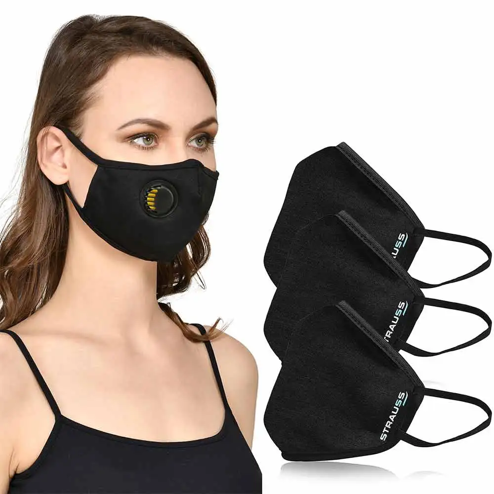 Strauss Unisex Anti-Bacterial Protection Mask with Black Vent,  Large, Black (Pack of 3)