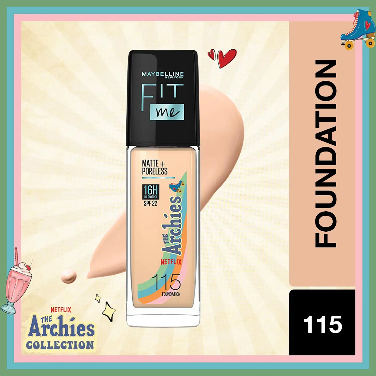 Maybelline New York Liquid Foundation, Fit Me Matte + Poreless, The Archies Limited Edition, Shade 115, 30ml