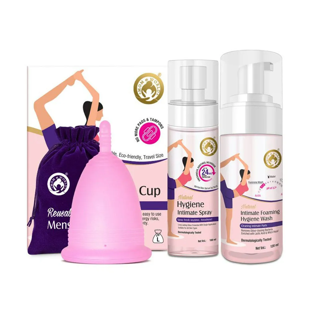 Mom & World Reusable Menstrual Cup + Hygiene Spray + Intimate Foaming Feminine Hygiene Wash - Large