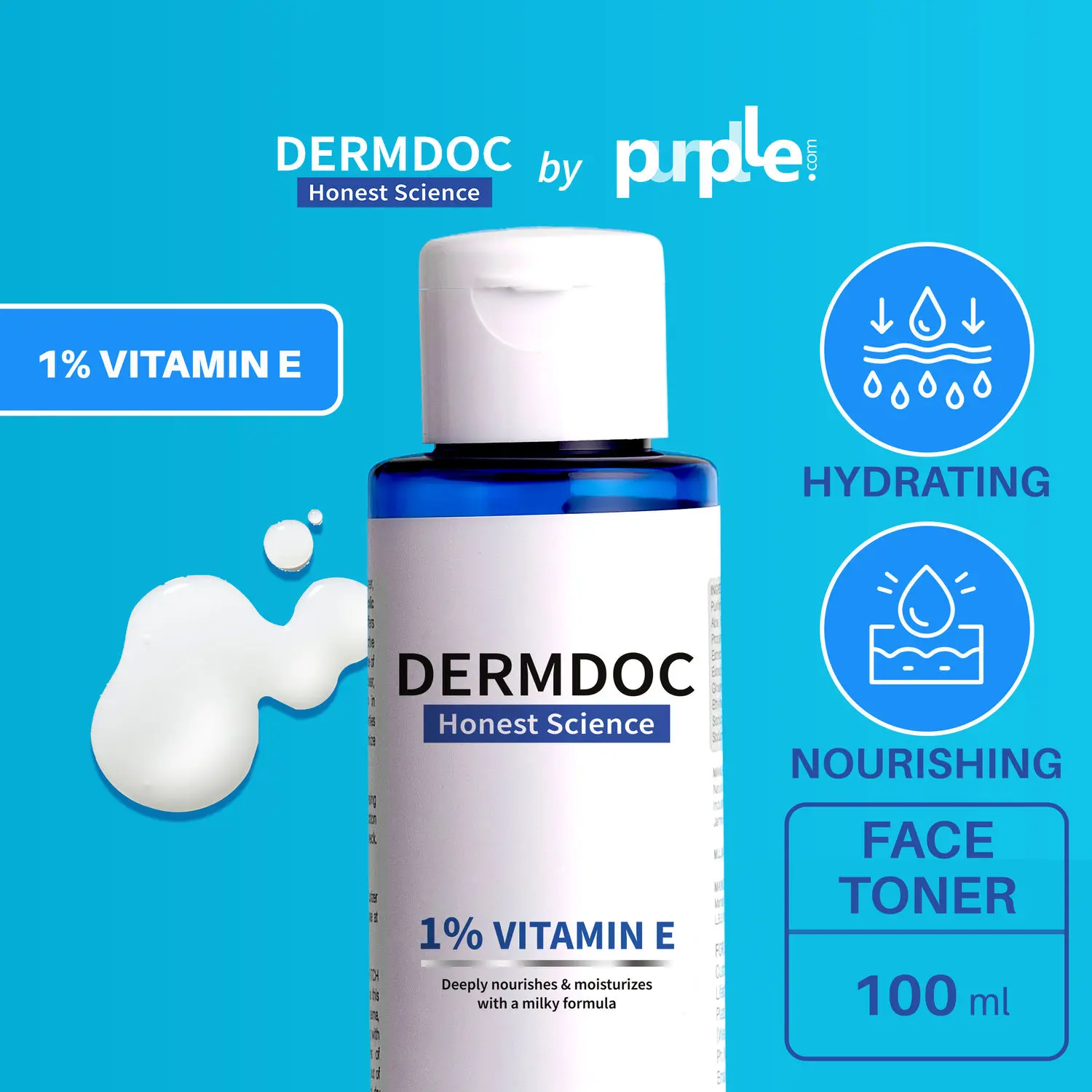 DERMDOC by Purplle 1% Vitamin E Milky Toner (100ml) | toner for dry skin | soft, supple, bouncy skin | milky white texture | hydrating toner for face