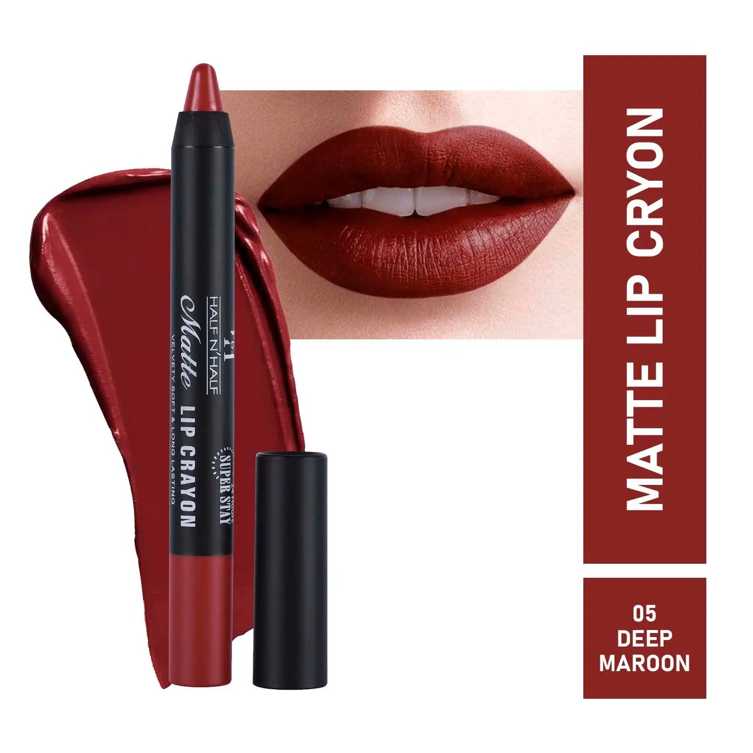 Half N Half Matte Lip Crayon Velvet Soft & Long Lasting, 24h Super Stay, 05 Deep Maroon (3.5gm)