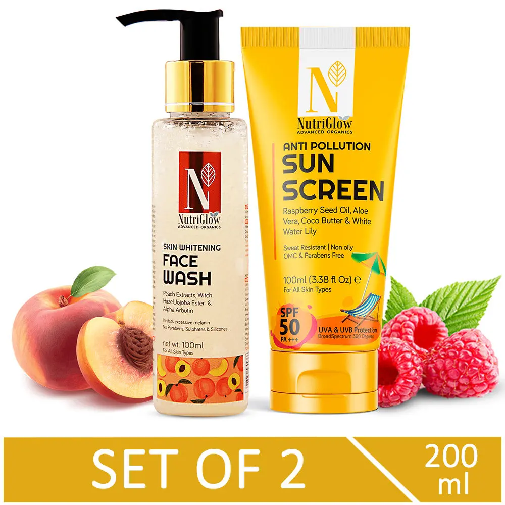 NutriGlow Advanced Organics Combo of 2 Sun Screen SPF 50 & Skin Whitening Face Wash For Whitening Effect, 100 ml each