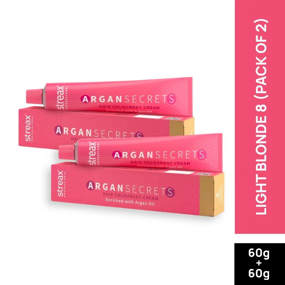 Streax Professional Argan Secret Hair Colourant Cream - Light Blonde 8 (60 g) (Pack of 2)