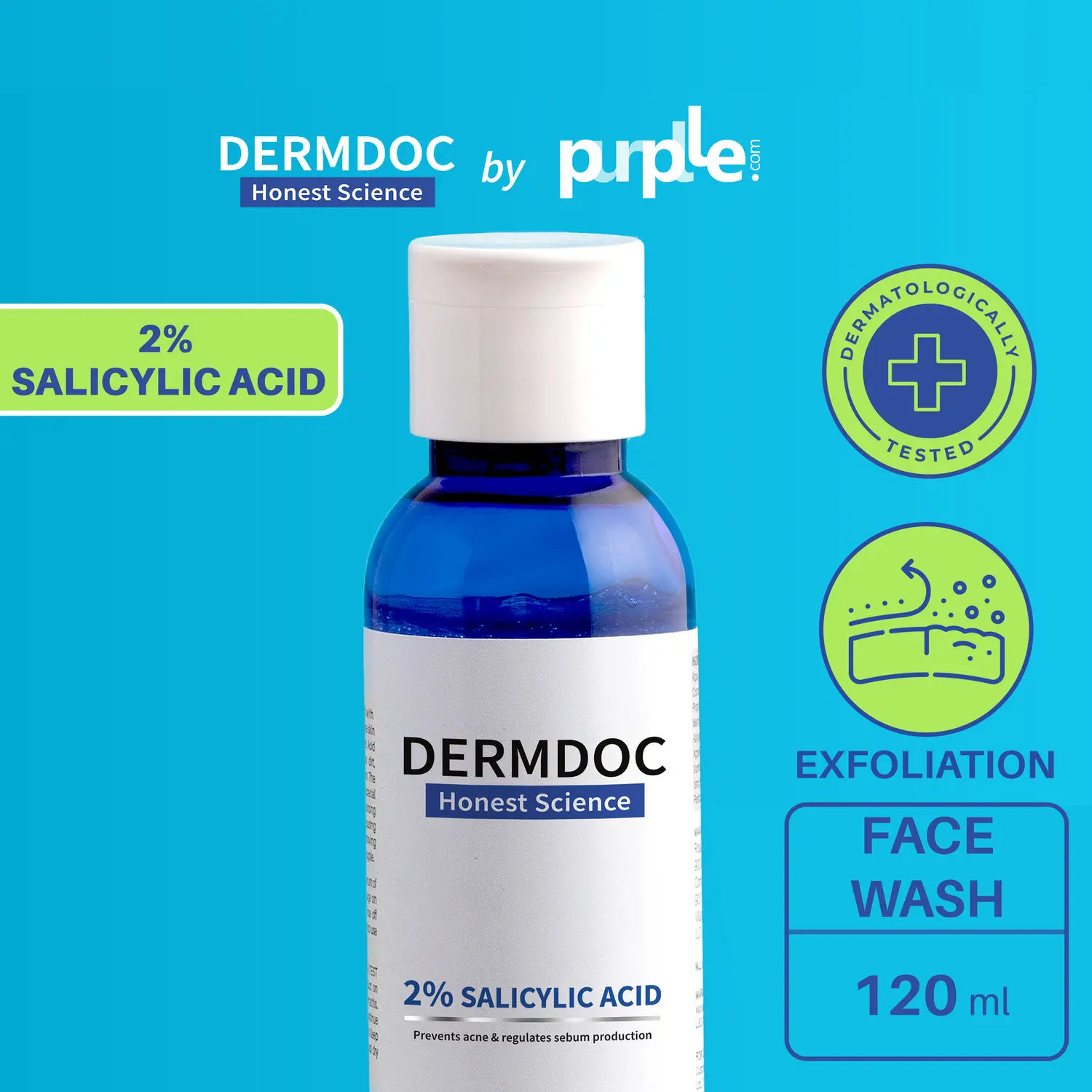 DERMDOC by Purplle 2% Salicylic Acid face wash (120 ml) | face wash for oily skin | face wash for acne prone skin | acne marks, blackheads, small acne bumps on face, oil control, gentle cleanser