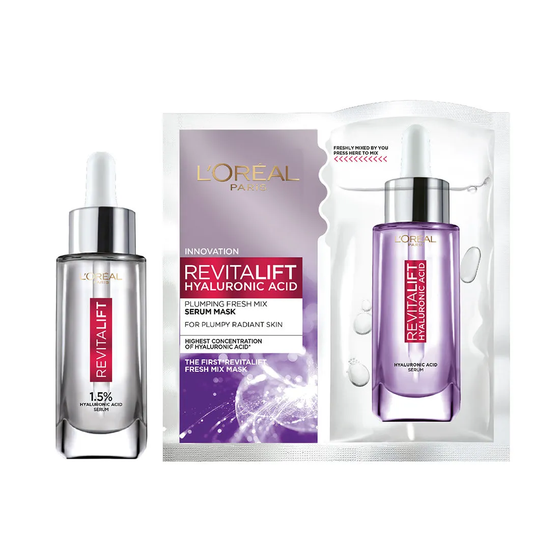 L'Oreal Paris Revitalift 1.5% Hyaluronic Acid Face Serum 15ml + Hyaluronic Acid Sheetmask