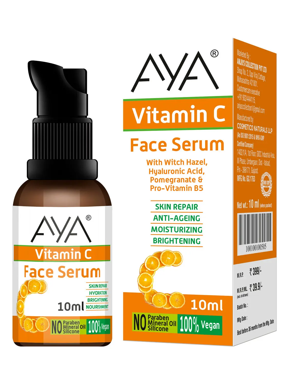 AYA Vitamin C Face Serum (10 ml) | For Skin Hydration, Anti-Ageing, Moisturizing and Brightening | No Paraben, No Silicone, No Mineral Oil