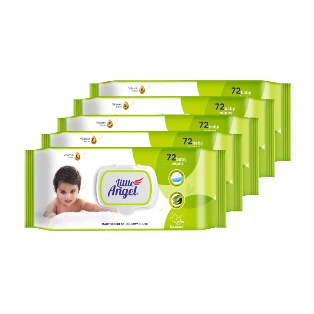 Little Angel Super Soft Cleansing Baby Wipes Lid Pack, 360 Count, Enriched with Aloe vera & Vitamin E, pH balanced, Dermatologically Tested & Alcohol-free, Pack of 5,72 count/pack