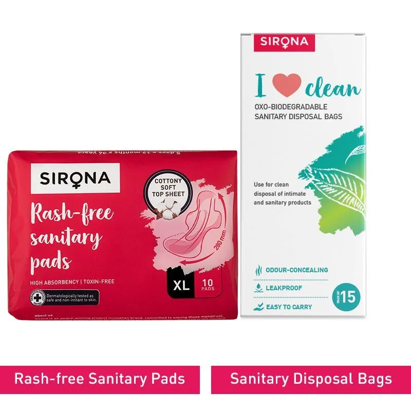 Sirona Cottony Soft Rash Free Sanitary Pads - Pack Of 10 (xl) With Sanitary Disposal Bags