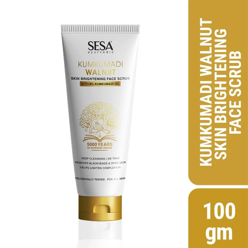 SESA 8% Kumkumadi Walnut Skin Brightening Face Scrub I All Skin Types I Dermatologically Tested I For Glowing Skin, Skin Lightening , Reduces Dark Spots , Removes Blackheads, Whiteheads & Dead SkinI De-Tans I For Men & Women I100gm