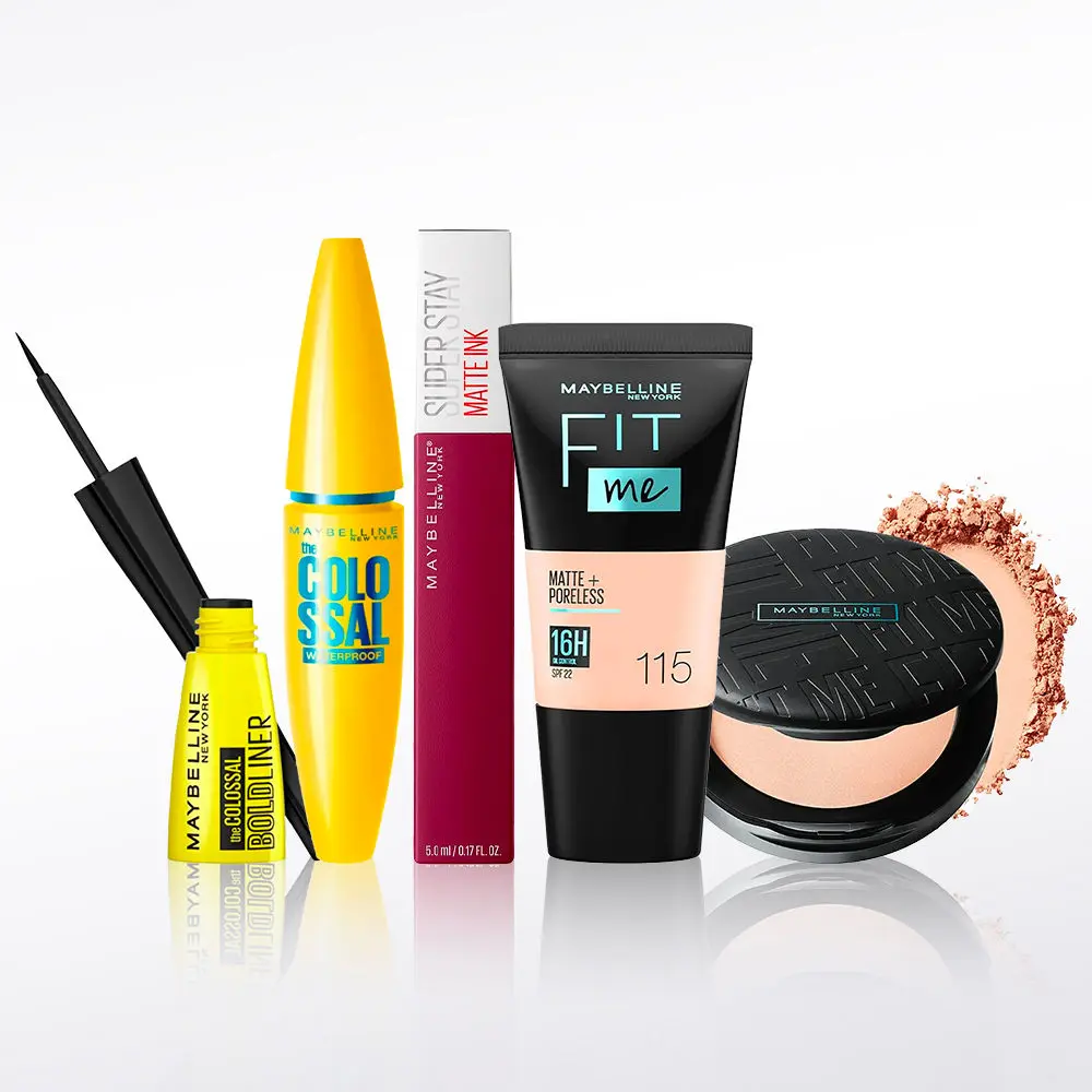 Maybelline Newyork All-Day Glam Essentials Kit 2 | Fit Me Compact 115(6 g) | Fit Me Liquid Foundation Tube 115 (18 ml) | Colossal Waterproof Mascara - Black (10 g) | Colossal Eyeliner Black 3g | Super Stay Liquid Lipstick 115 (5g)