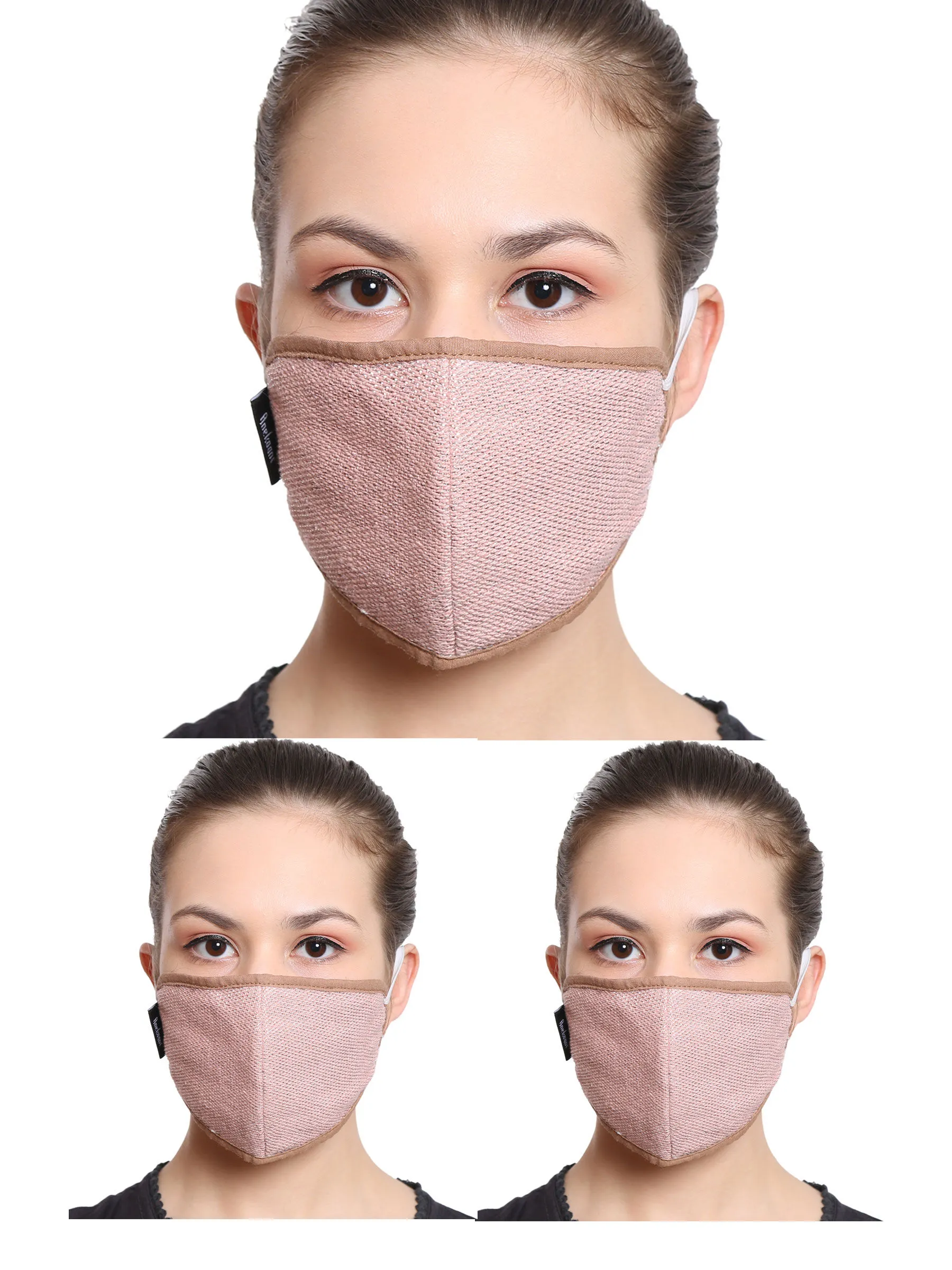 Anekaant Peach & Silver 3-Ply Reusable Cotton Lurex Fabric Fashion Mask (Pack Of 3)