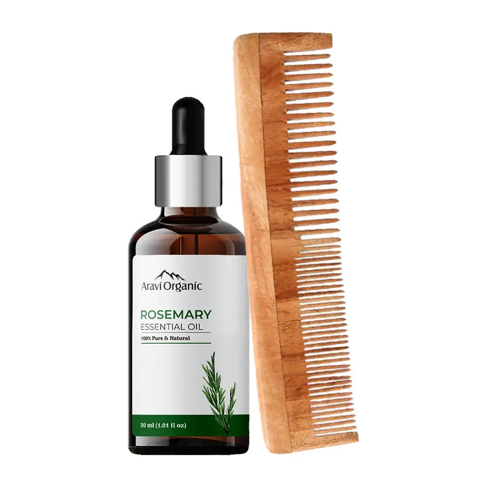 Aravi Organic Rosemary Healthy Hair Growth Oil & Neem Wood Comb Combo