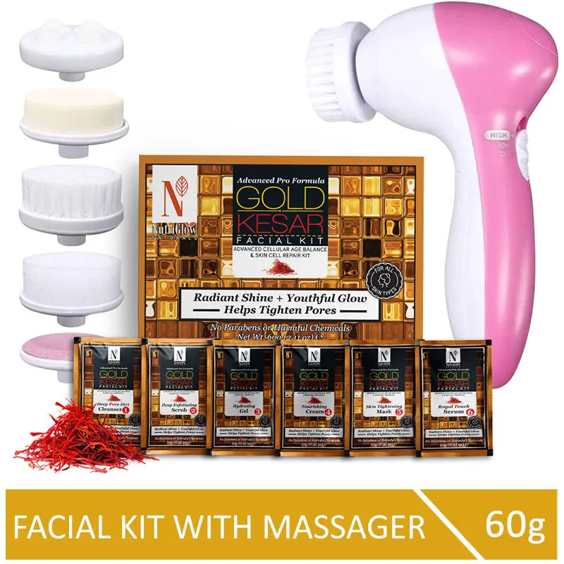 NutriGlow NATURAL'S Advanced Pro Formula Gold Kesar Facial Kit (60 gm) with 5 in 1 Rotating Face Massager