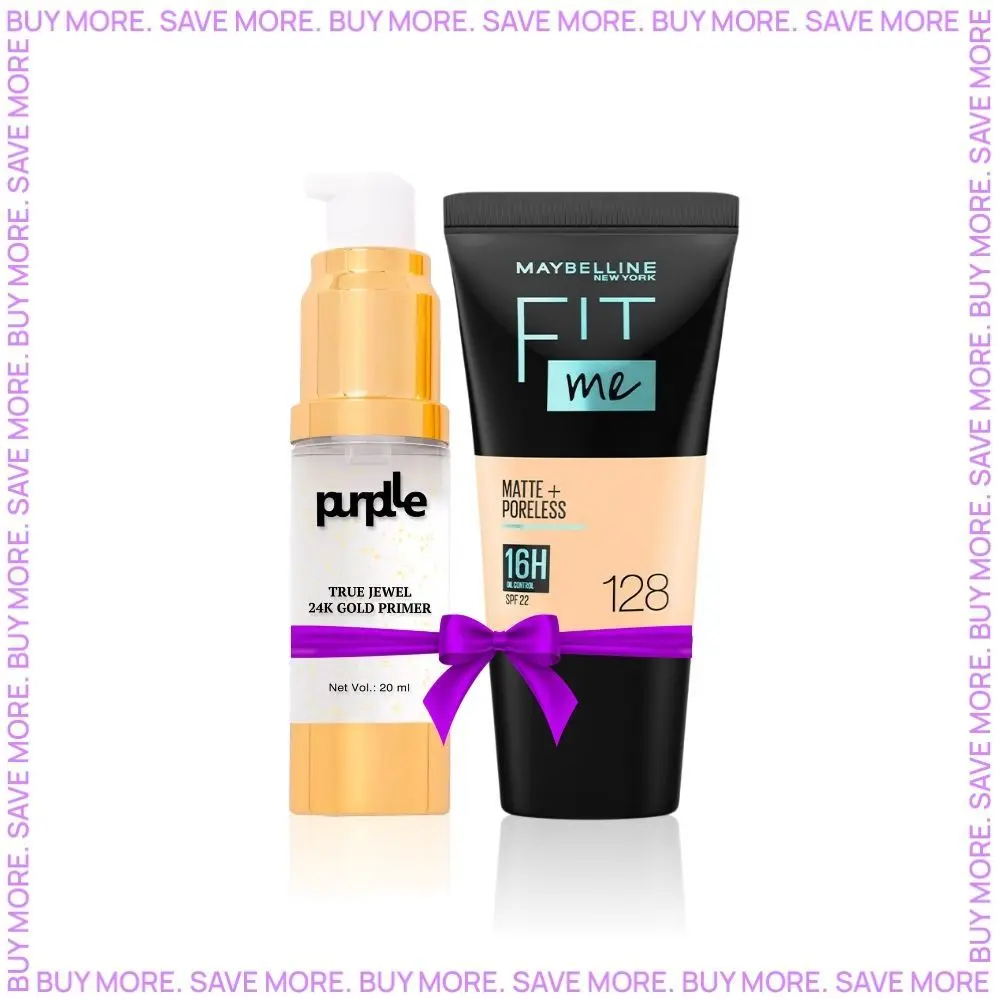 Maybelline New York Fit Me Matte+Poreless Liquid Foundation Tube, 128 Warm Nude, 18ml + Purplle True Jewel 24K Gold Primer - (20 ml)