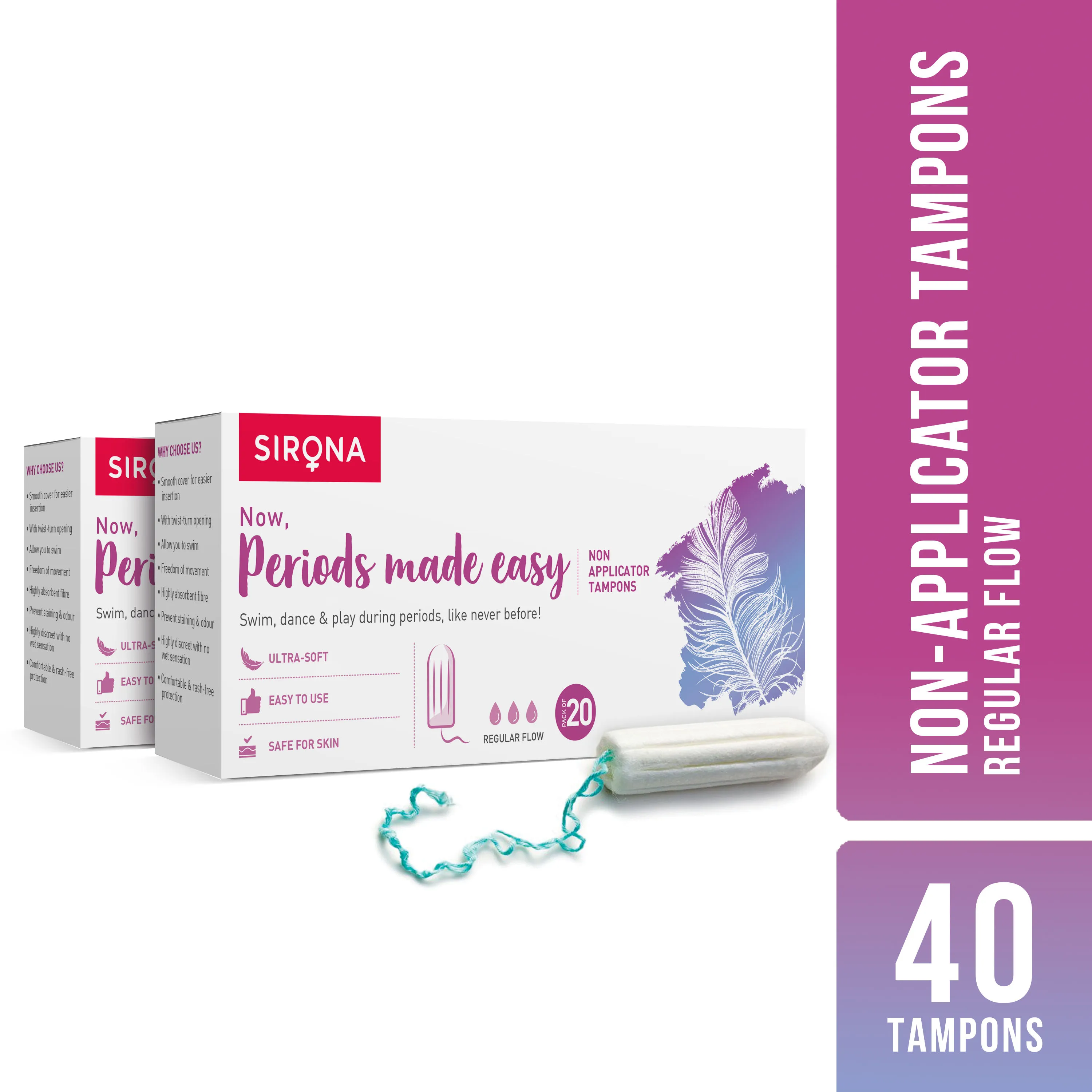 Sirona FDA Approved Premium Digital Tampons - Medium Flow (40 Tampons), 8 Hours Protection