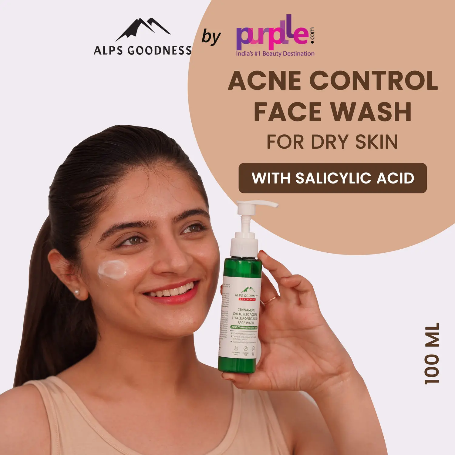 Alps Goodness Acne Control Facewash For Dry Skin with Cinnamon, Salicylic Acid & Hyaluronic Acid (100 ml)| For Acne Prone Dry Skin | Sulphate Free, Soap Free, Silicone Free, Paraben Free, Mineral Oil Free | Salicylic Acid Face wash