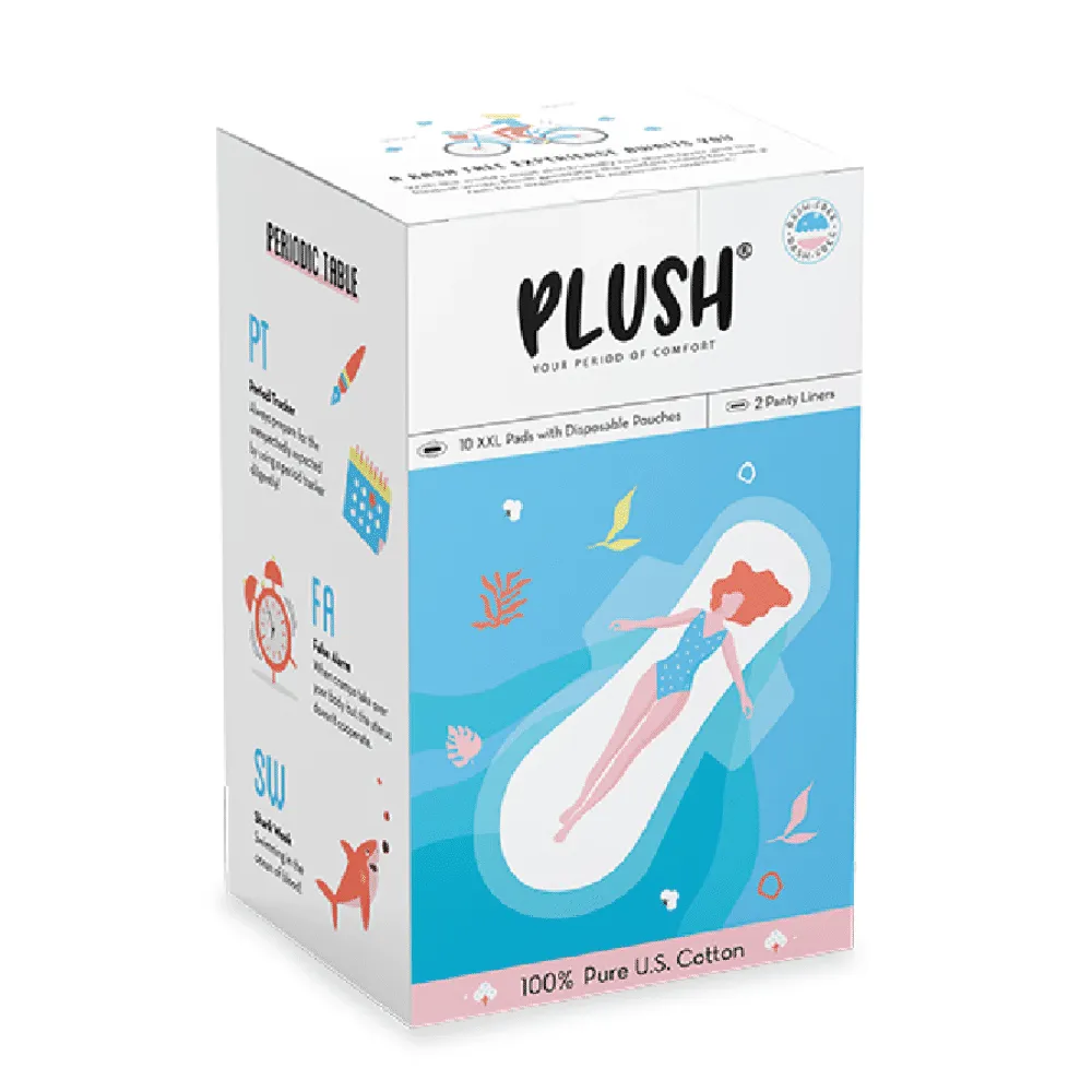 Plush Pure US Cotton Ultra-thin Rash Free XXL Sanitary Pads Each with Disposable Pouch - 10 Pieces + 2N Panty Liners